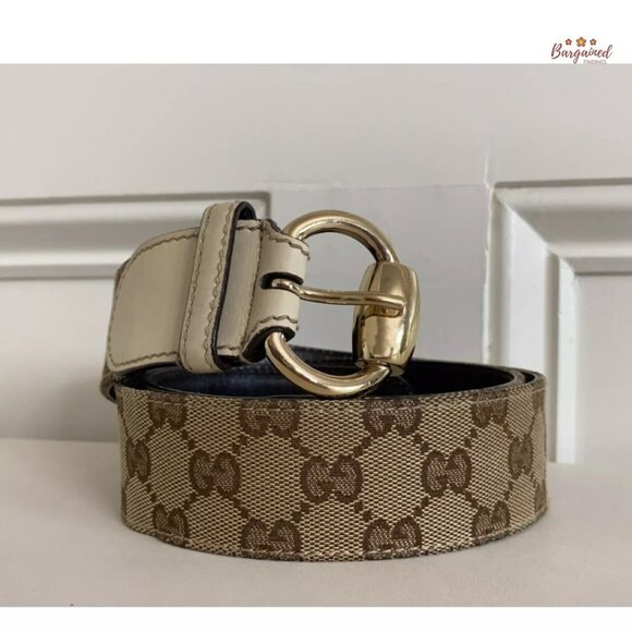 Authentic Gucci Brown Monogram Canvas Leather Gold Horsebit Ring Belt Size 90/36 - Picture 12 of 13